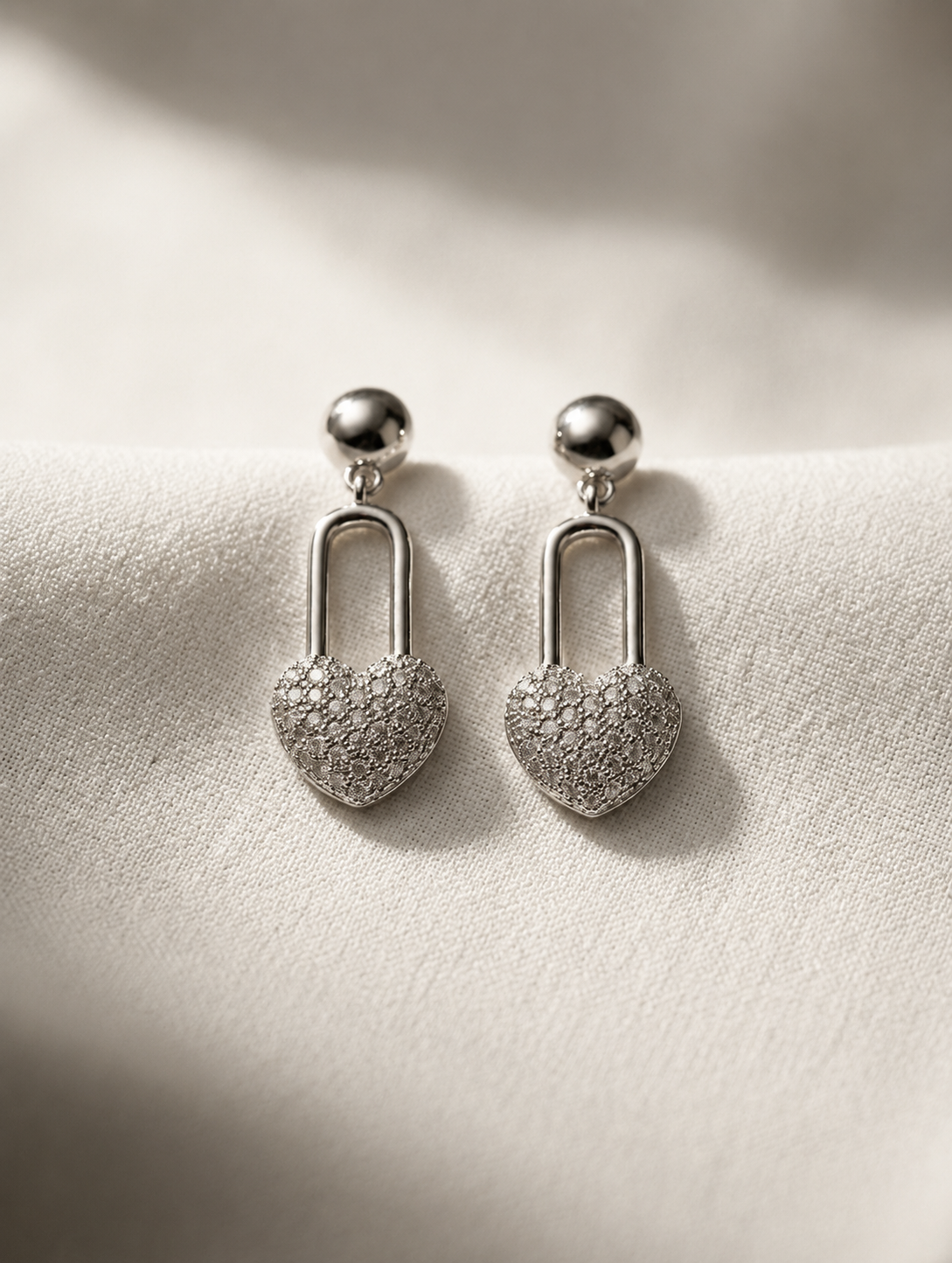 Silver Heart Lock Drop Earrings