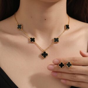 Elegant Black Clover Gold Plated Jewelry Set
