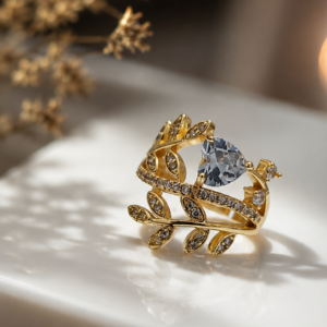 Golden Leaf Heart Crystal Ring