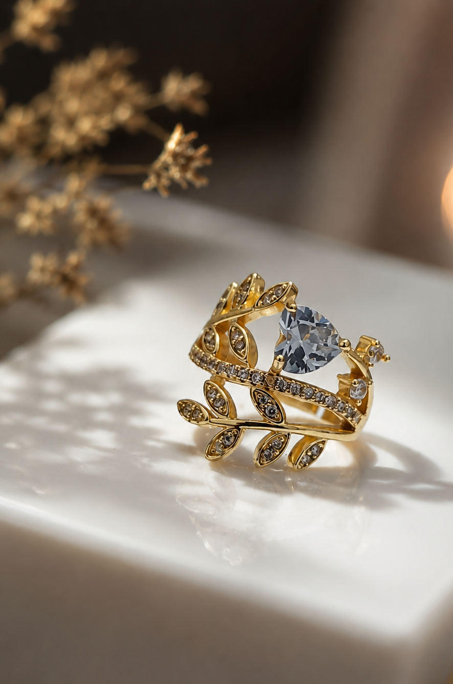 Golden Leaf Heart Crystal Ring