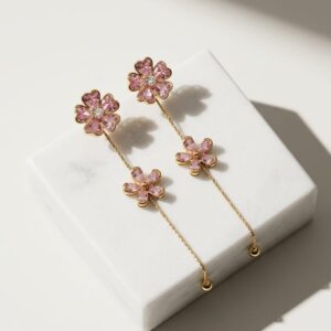 Pink Blossom Dual Flower Chain Drop Earrings