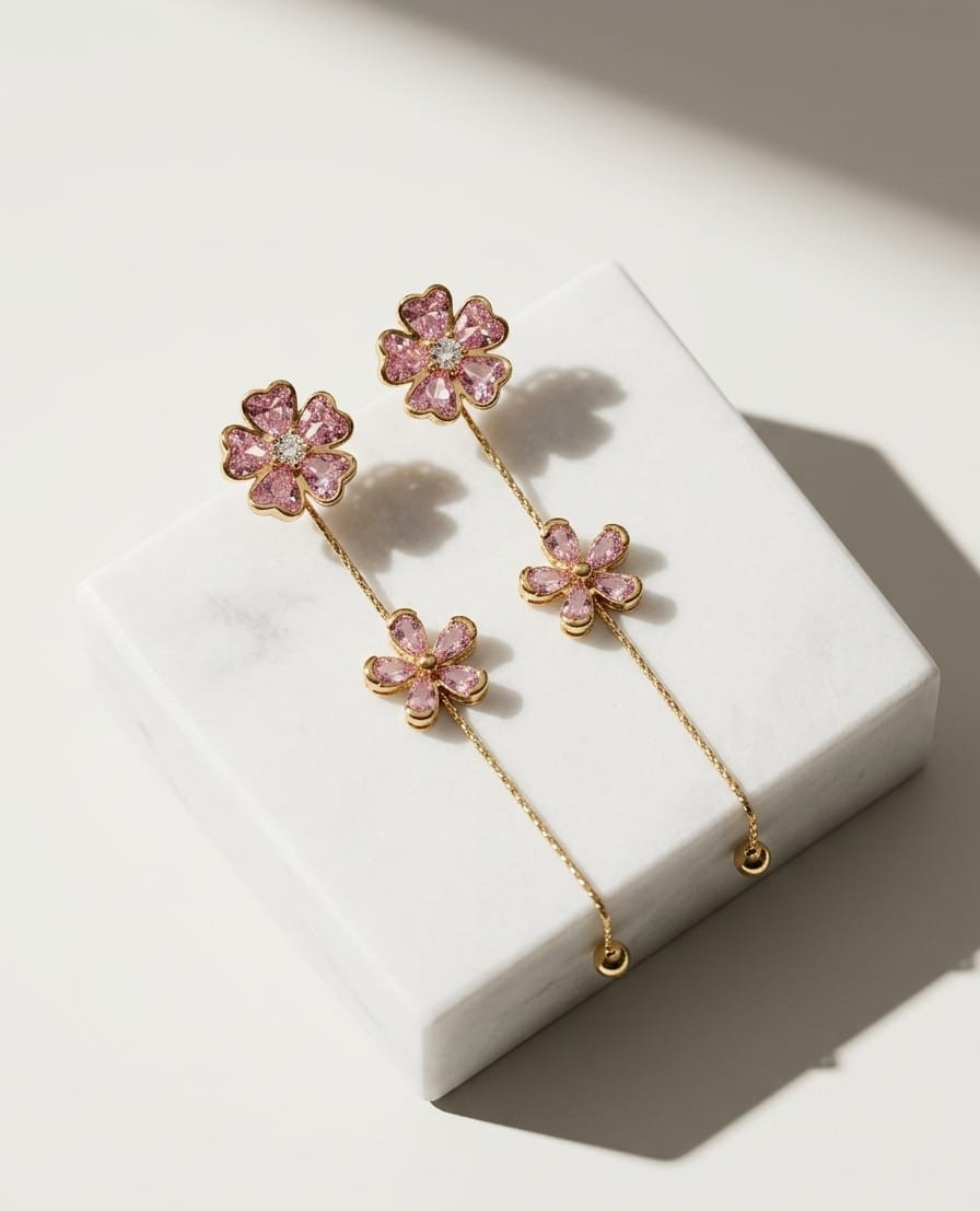 Pink Blossom Dual Flower Chain Drop Earrings