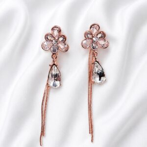 Rose Gold Floral Crystal Tassel Drop Earrings