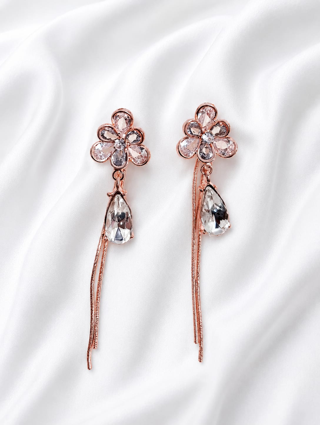Rose Gold Floral Crystal Tassel Drop Earrings