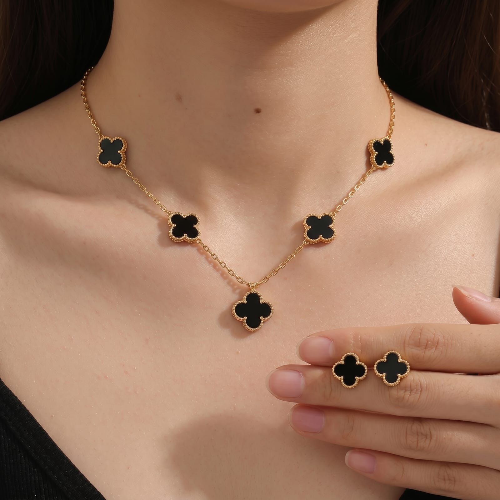 Elegant Black Clover Gold Plated Jewelry Set