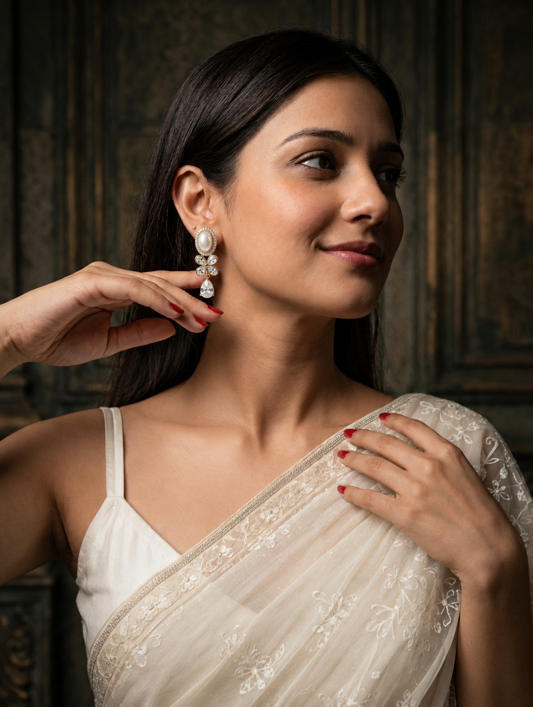 Pearl Blossom Crystal Drop Earrings - Image 2