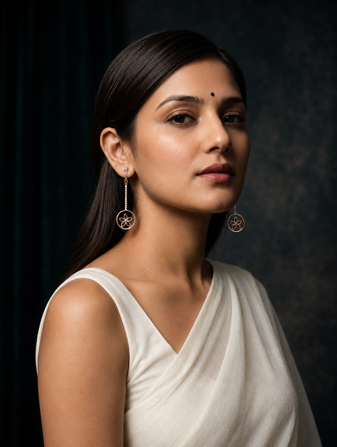 Rose Gold Floral Circle Drop Earrings - Image 2
