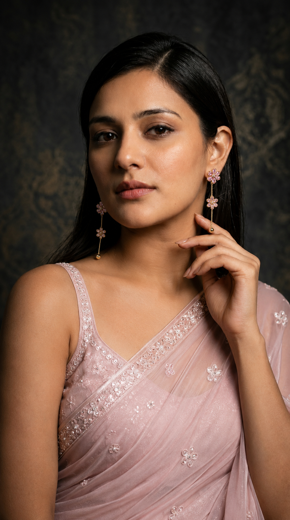 Pink Blossom Dual Flower Chain Drop Earrings - Image 2