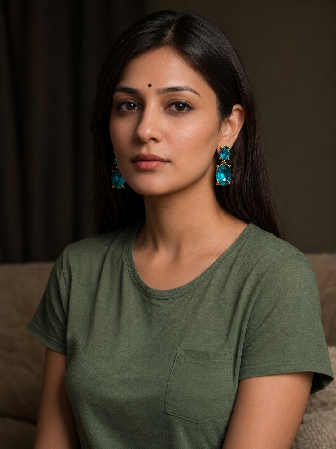 Royal Teal Oval Crystal Drop Earrings - Image 2