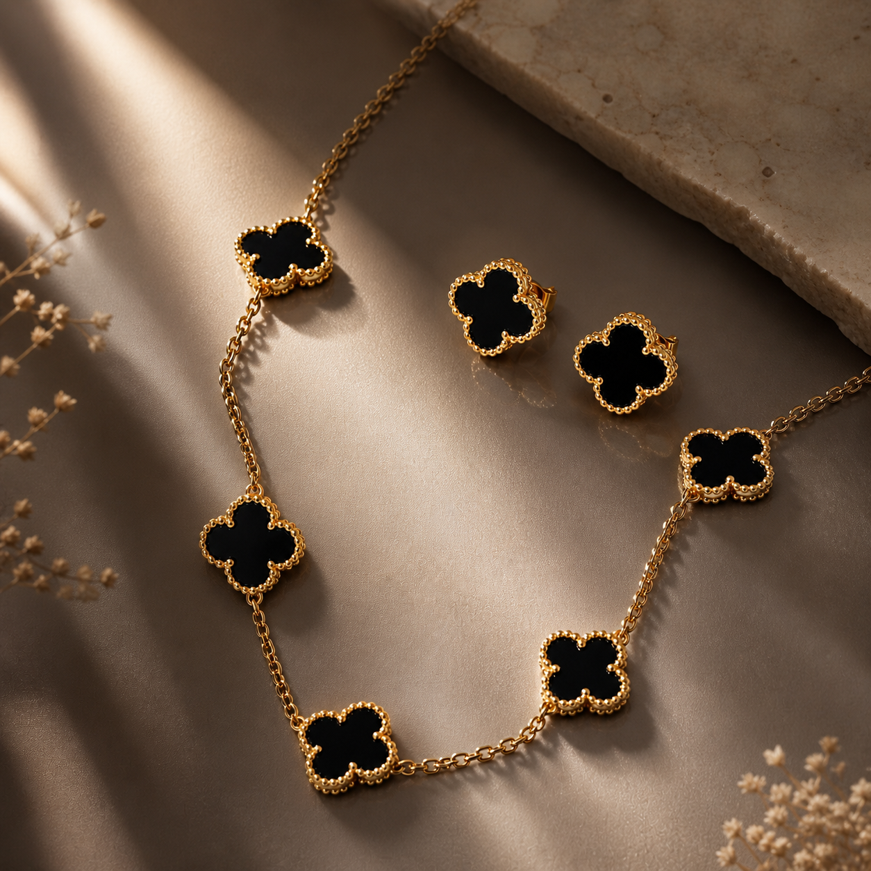 Elegant Black Clover Gold Plated Jewelry Set - Image 2
