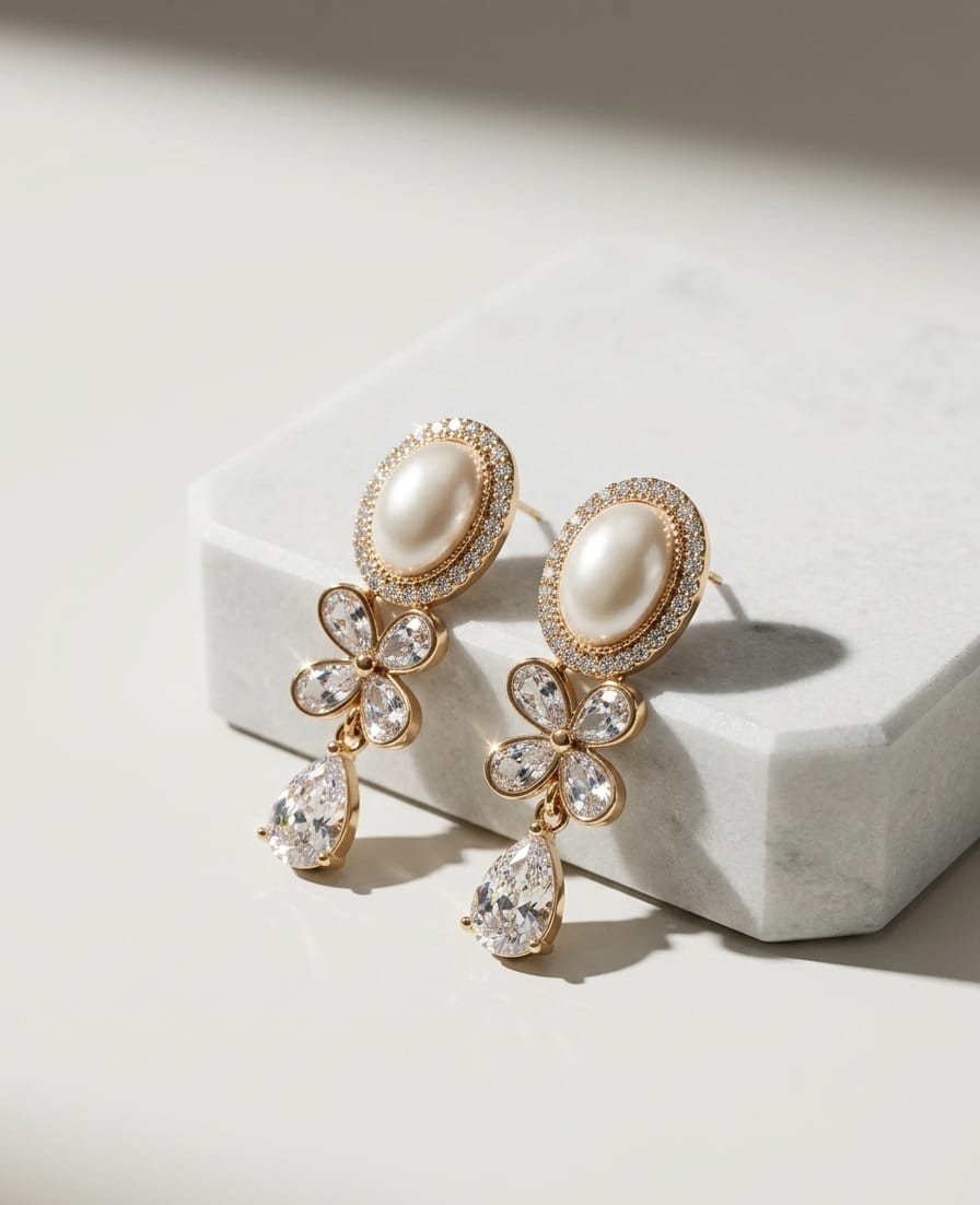 Pearl Blossom Crystal Drop Earrings - Image 3