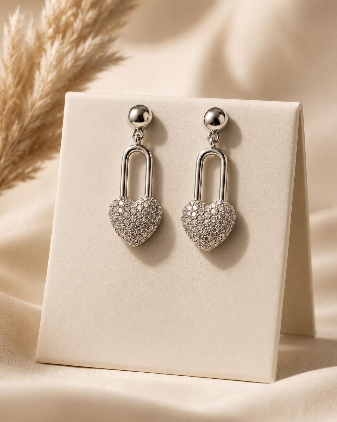 Silver Heart Lock Drop Earrings - Image 3