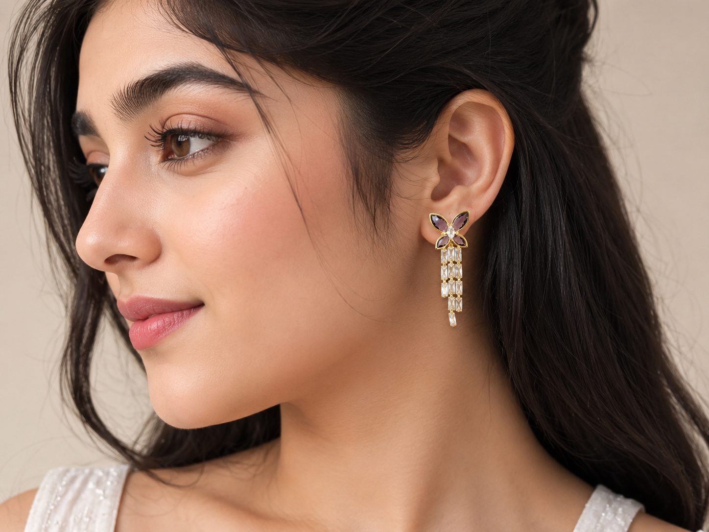 Golden Butterfly Crystal Tassel Earrings - Image 3