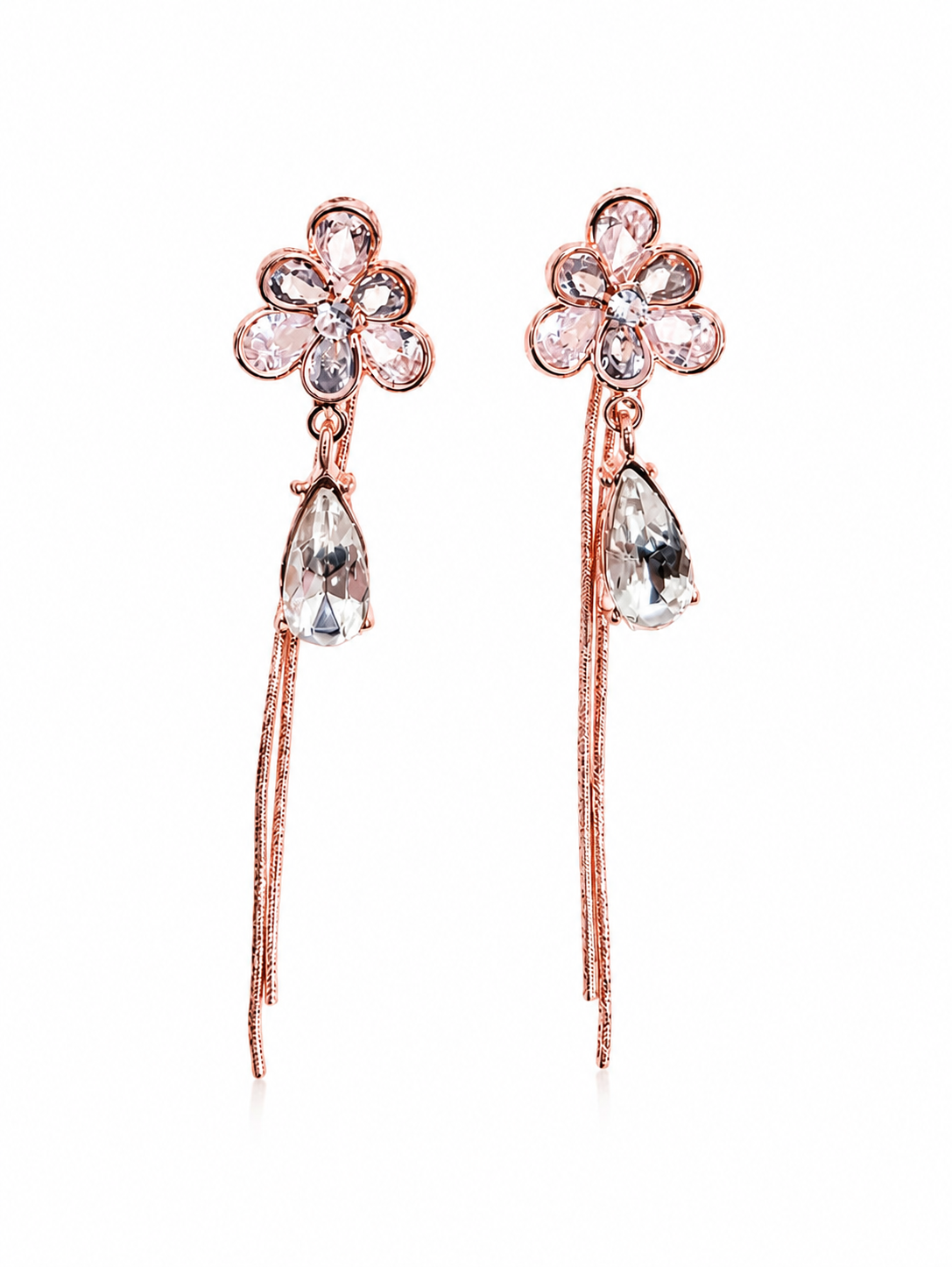 Rose Gold Floral Crystal Tassel Drop Earrings - Image 3