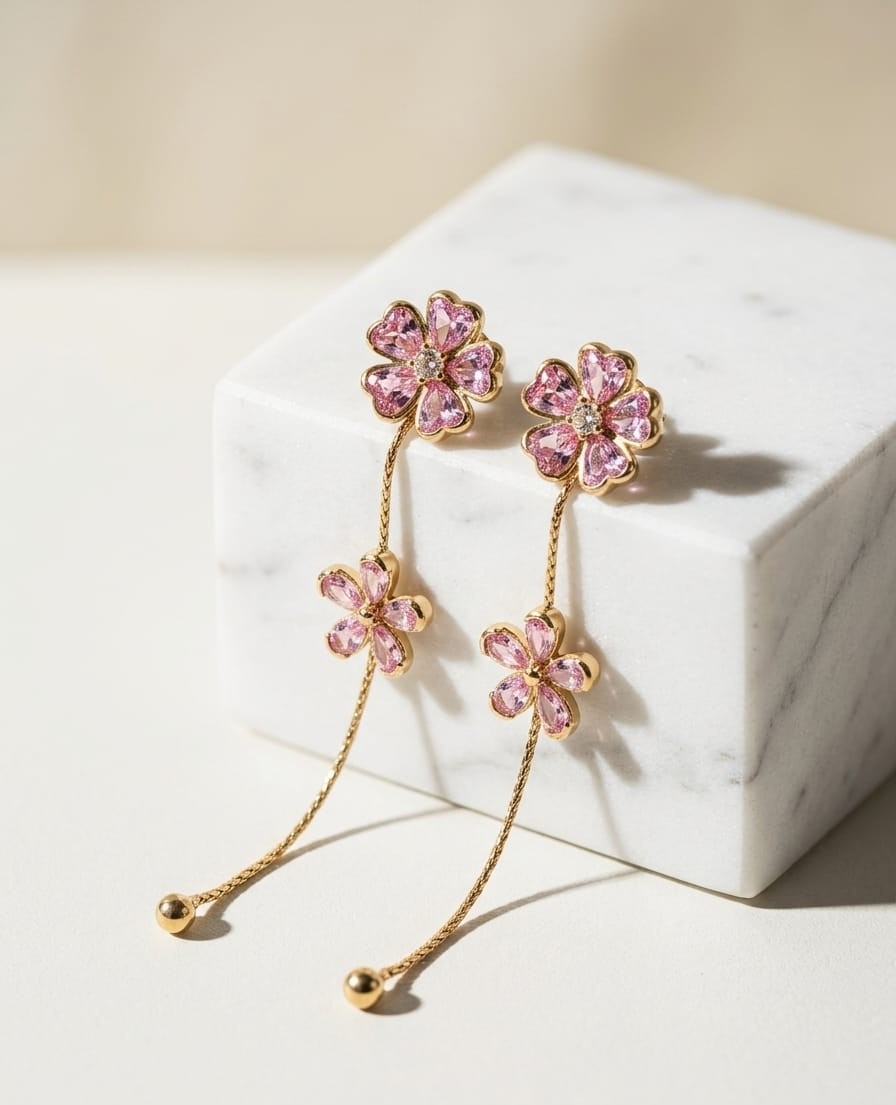 Pink Blossom Dual Flower Chain Drop Earrings - Image 3