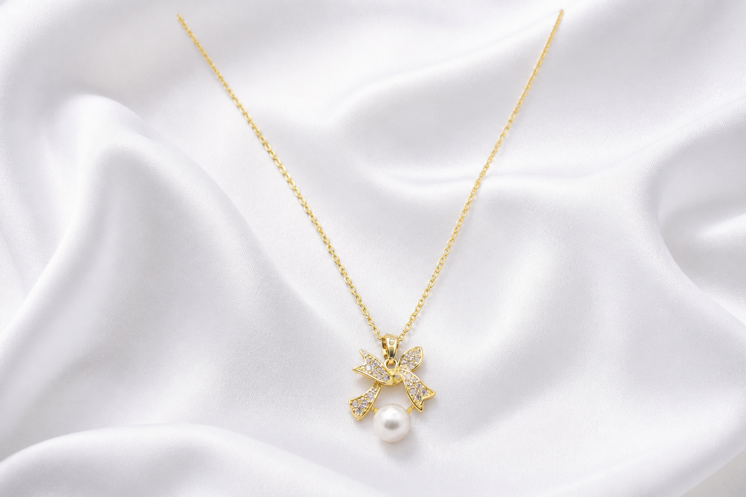 Bow Knot Pearl Drop Pendant Necklace - Image 3
