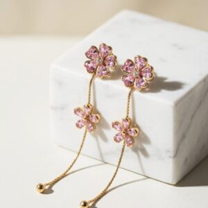 Pink Blossom Dual Flower Chain Drop Earrings