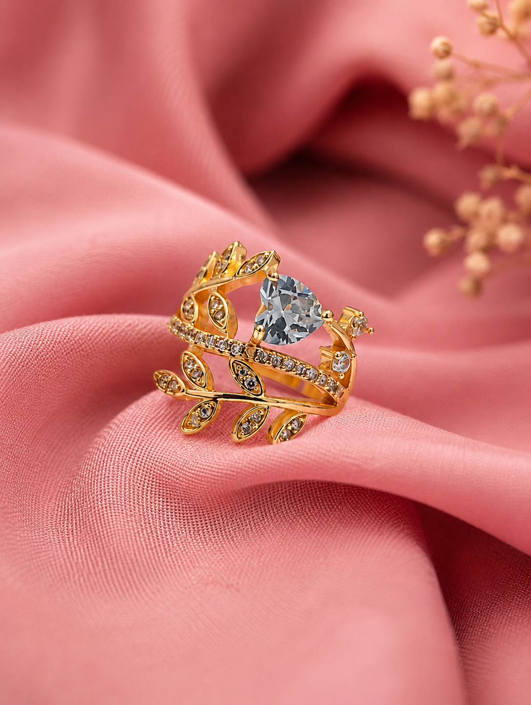 Golden Leaf Heart Crystal Ring - Image 3