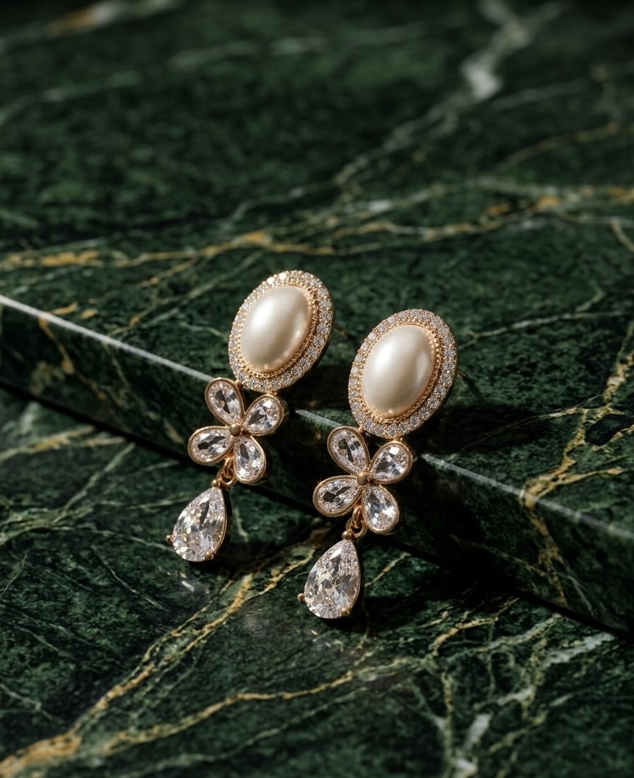 Pearl Blossom Crystal Drop Earrings - Image 4