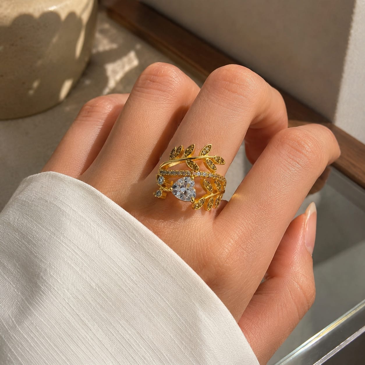 Golden Leaf Heart Crystal Ring - Image 4