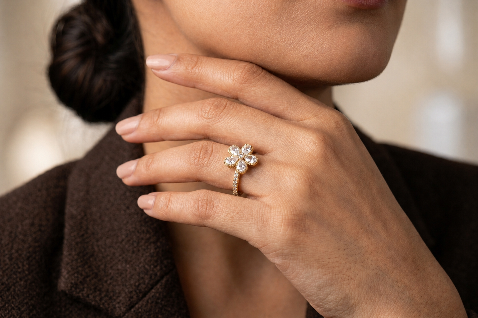 Floral CZ Crystal Gold-Plated Ring